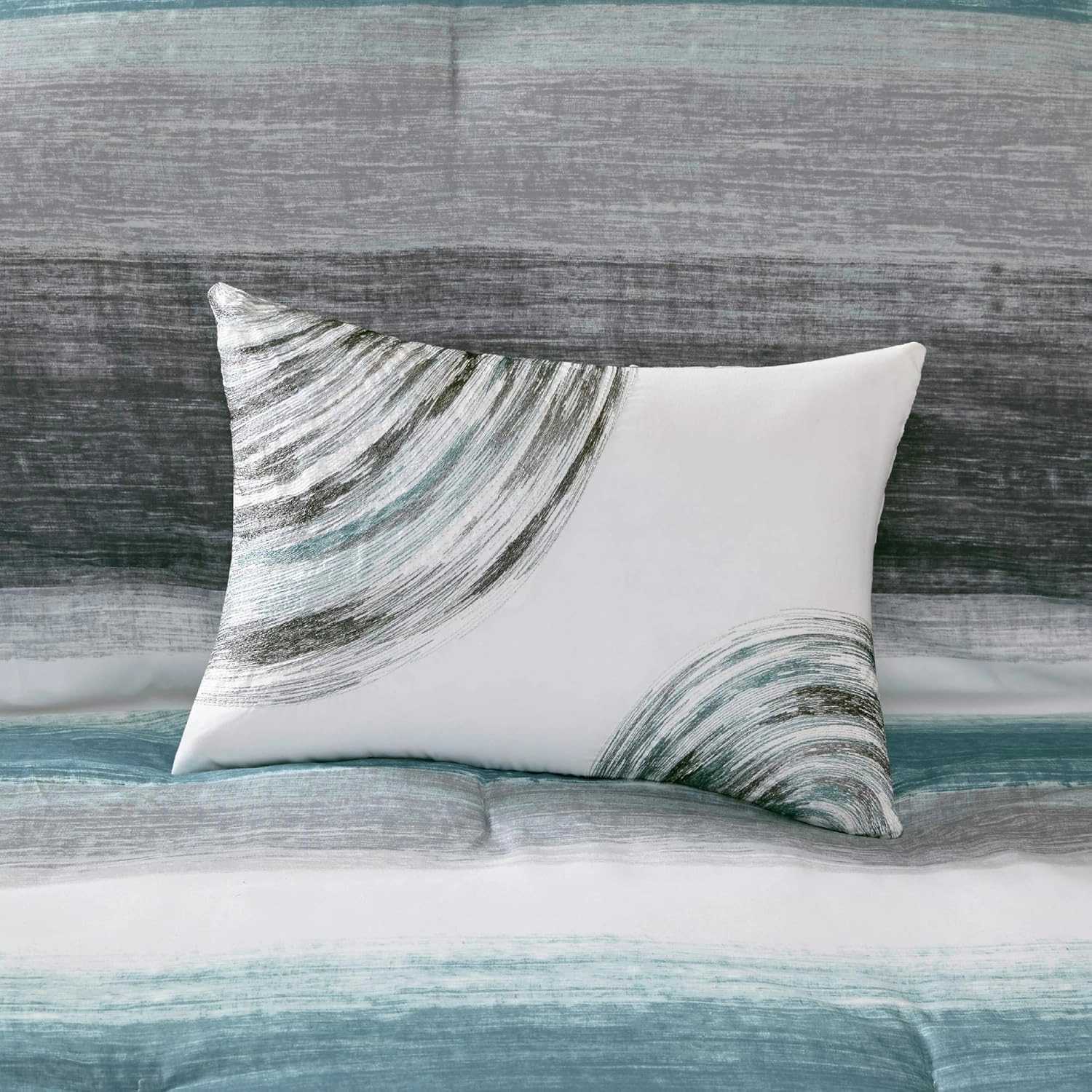 Madison Park Essentials King Comforter Set, Bed in a Bag King, Watercolor Print Coastal Comforter & Chambray Cotton Sheet Set, All Season Bedding Set, Saben, Aqua King (104 in x 92 in) 9 Piece