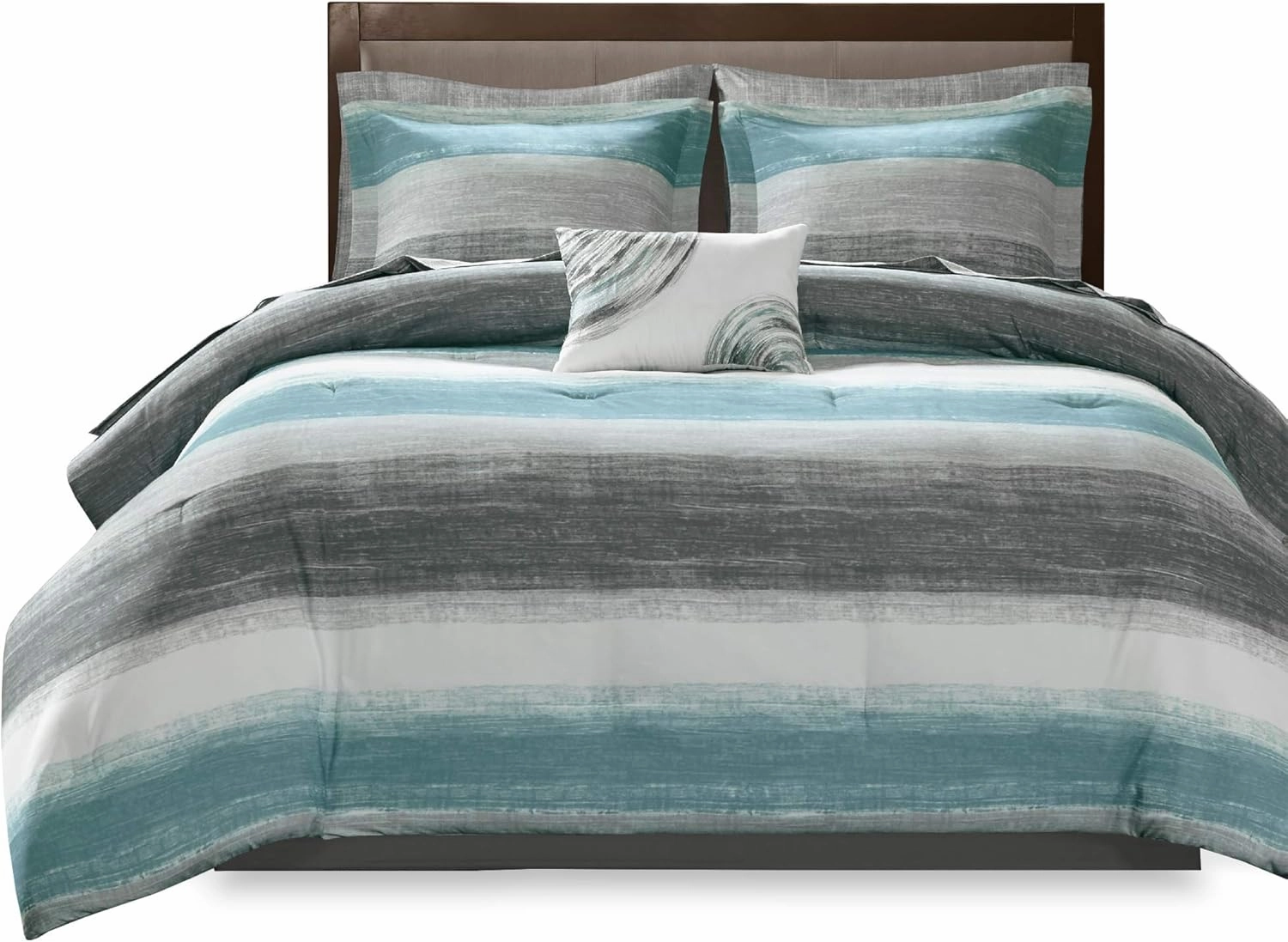 Madison Park Essentials King Comforter Set, Bed in a Bag King, Watercolor Print Coastal Comforter & Chambray Cotton Sheet Set, All Season Bedding Set, Saben, Aqua King (104 in x 92 in) 9 Piece