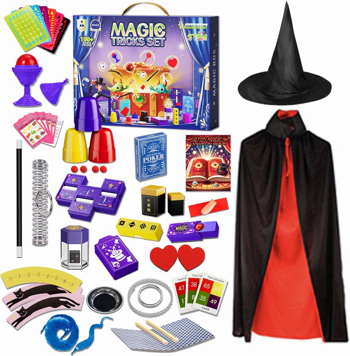 Magic Tricks Kit, 100  Magic Tricks for Kids Age 6 7 8 9 10 11 12, Magician Costume for Pretend Play with Magic Props & Instruction for Beginners, Christmas Halloween Birthday Gifts for Kids