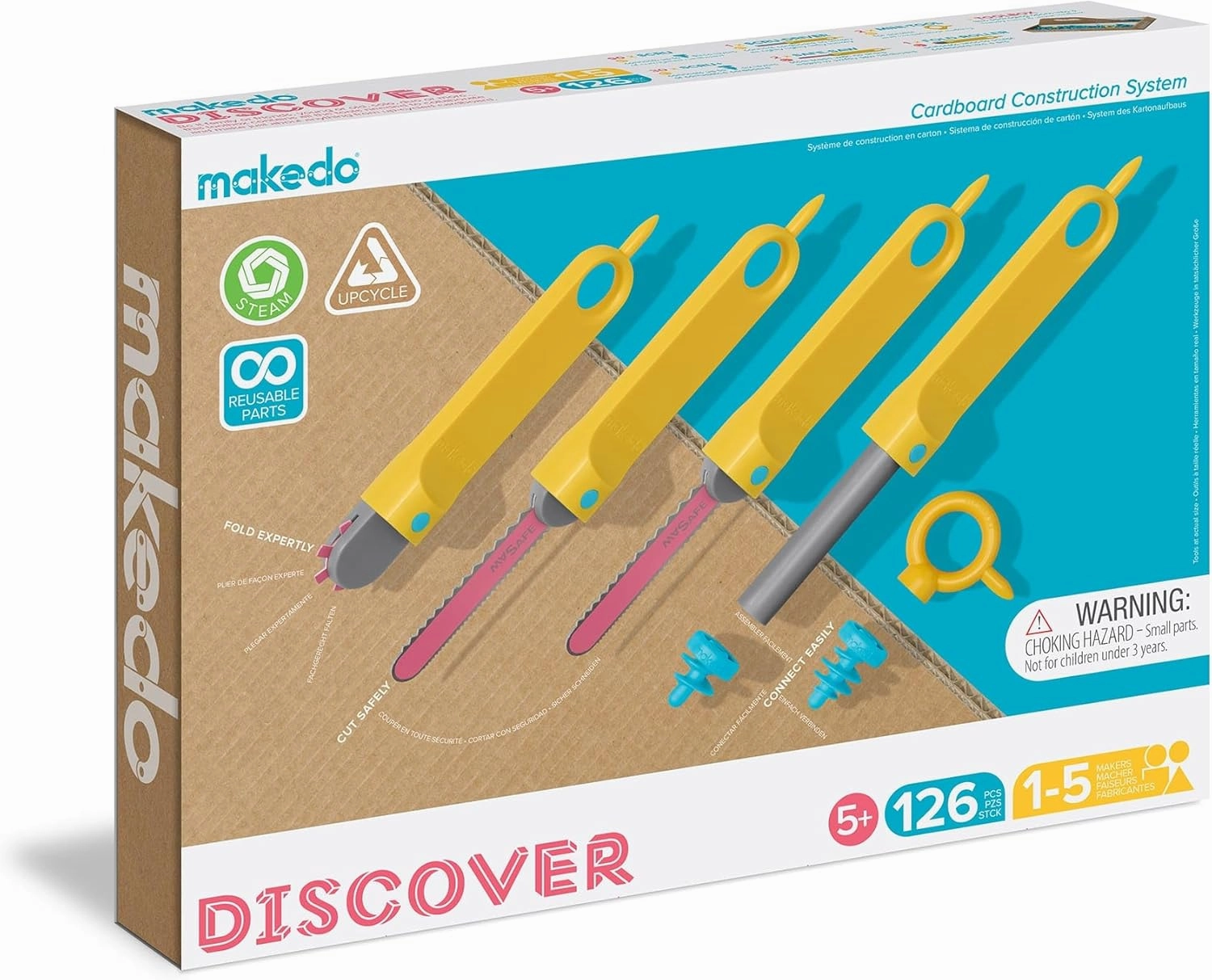 Makedo Discover | 126 Piece Cardboard Construction Toolbox for 1-5 Makers | STEM and STEAM Educational Toys for Kids | at Home Play   Classroom Learning | Reusable Tools for Boys and Girls Age 5 