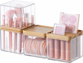 Makeup Brush Holder Comb with Cover Makeup Containers Organizers Set Makeup Holder Box Cosmetic Case With Lid Waterproof Dustproof Beauty Skincare Organizer Bathroom Vanity Countertop,Gift,Clear，3PCS