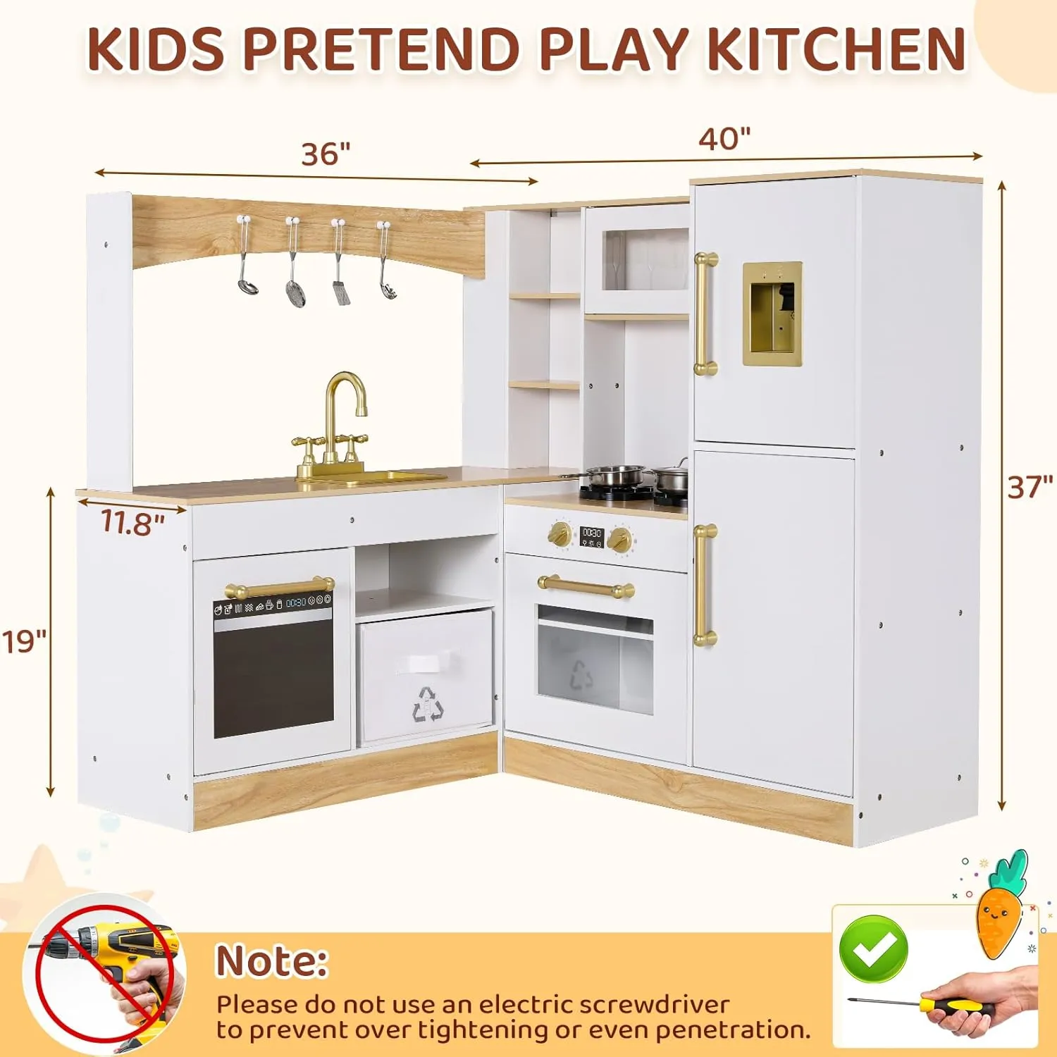 MAMIZO Corner Play Kitchen for Kids, Wooden Pretend Toy Kitchen, Large Toodler Cooking Playset w/Refrigerator, Stove w/Light & Sound, Disinfection Locker, Water Dispenser, Sink, Home Modern Ages 3 
