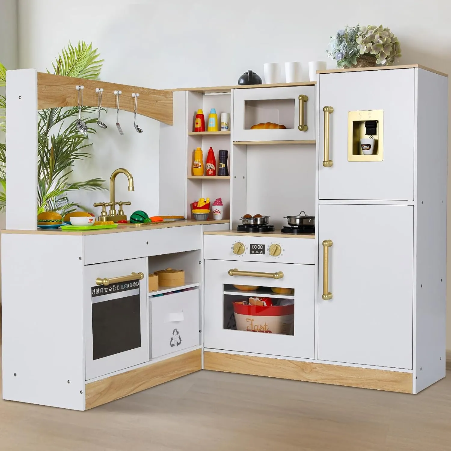 MAMIZO Corner Play Kitchen for Kids, Wooden Pretend Toy Kitchen, Large Toodler Cooking Playset w/Refrigerator, Stove w/Light & Sound, Disinfection Locker, Water Dispenser, Sink, Home Modern Ages 3 