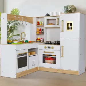 MAMIZO Corner Play Kitchen for Kids, Wooden Pretend Toy Kitchen, Large Toodler Cooking Playset w/Refrigerator, Stove w/Light & Sound, Disinfection Locker, Water Dispenser, Sink, Home Modern Ages 3 