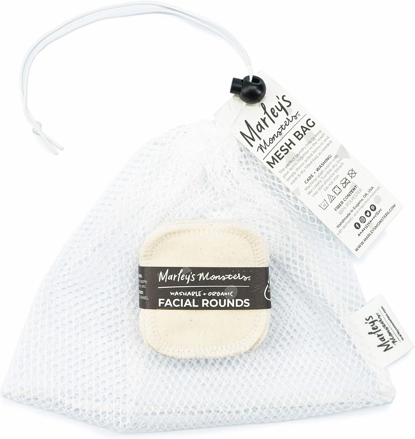 Marley's Monsters Facial Rounds 20 Count Pack   Laundry Bag - Soft and Reusable Organic Cotton Rounds (Organic Natural)
