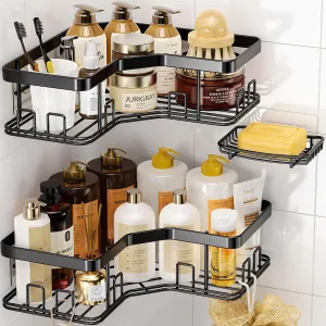 MAXIFFE Shower Caddy Organizer, 3-Pack Adhesive Corner Shower Caddy Organizer Shelves Storage Rack Accessories for Bathroom Countertop Kitchen Home Decor Set, Black, X-Large
