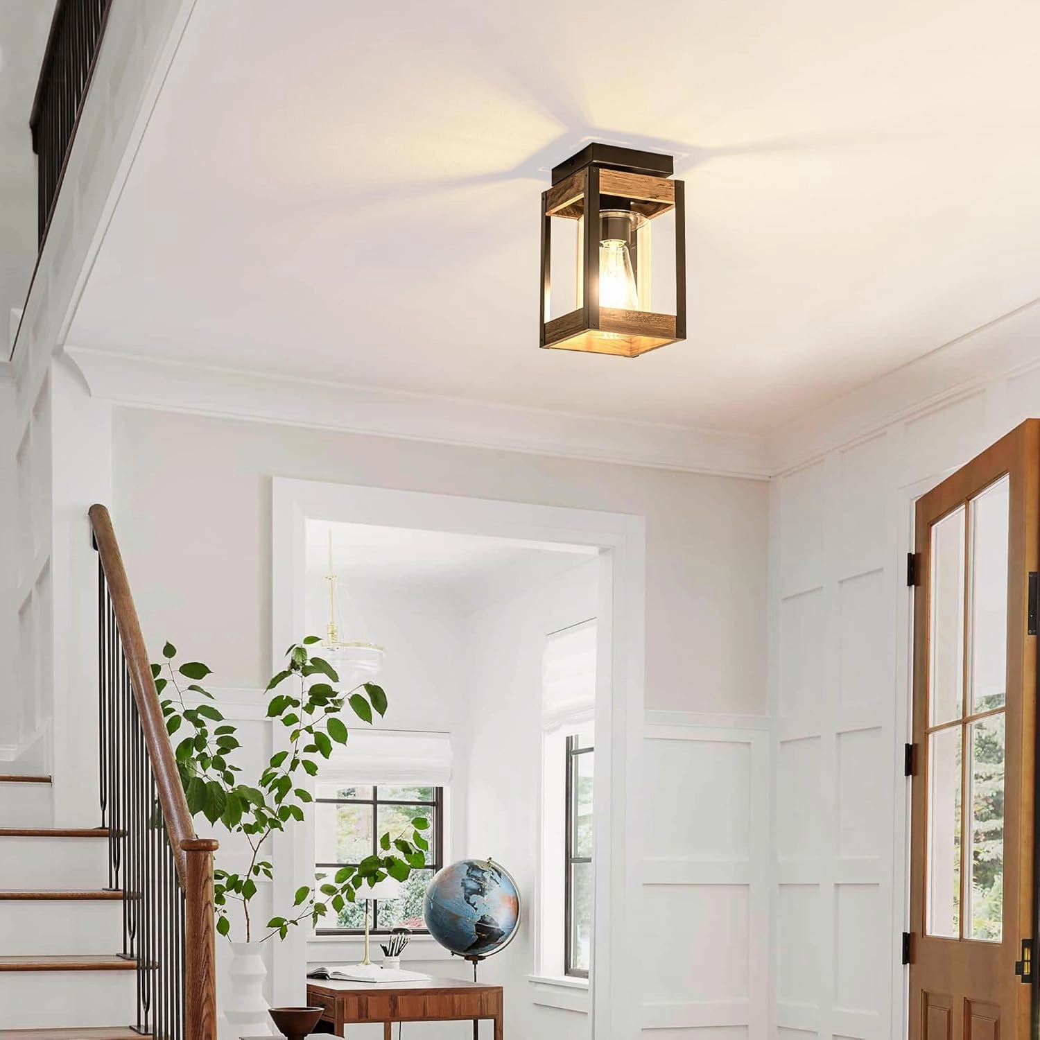 Mayful Farmhouse Flush Mount Ceiling Light, Rustic Ceiling Light Combine with Metal and Wood Frame, Clear Glass Ceiling Light Fixture for Kitchen Island Entryway Porch Foyer Dining Room