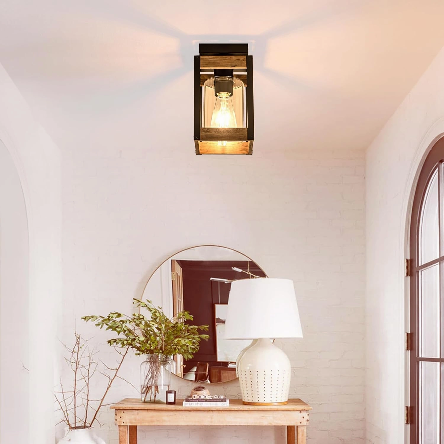 Mayful Farmhouse Flush Mount Ceiling Light, Rustic Ceiling Light Combine with Metal and Wood Frame, Clear Glass Ceiling Light Fixture for Kitchen Island Entryway Porch Foyer Dining Room