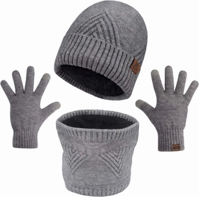 MAYLISACC Winter 3Pcs in 1 Warm Thick Knit Beanie Hat Long Scarf and Touchscreen Driving Gloves Set for Men