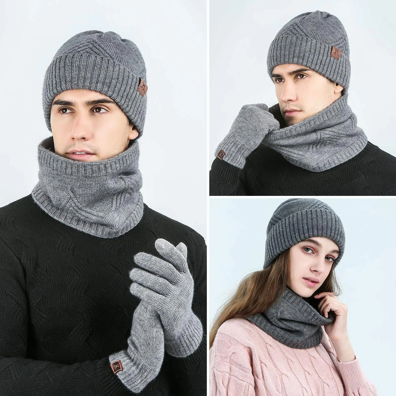 MAYLISACC Winter 3Pcs in 1 Warm Thick Knit Beanie Hat Long Scarf and Touchscreen Driving Gloves Set for Men