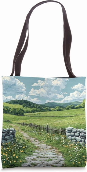 Meadow With Stone Fence Vintage Landscape Graphic Tote Bag