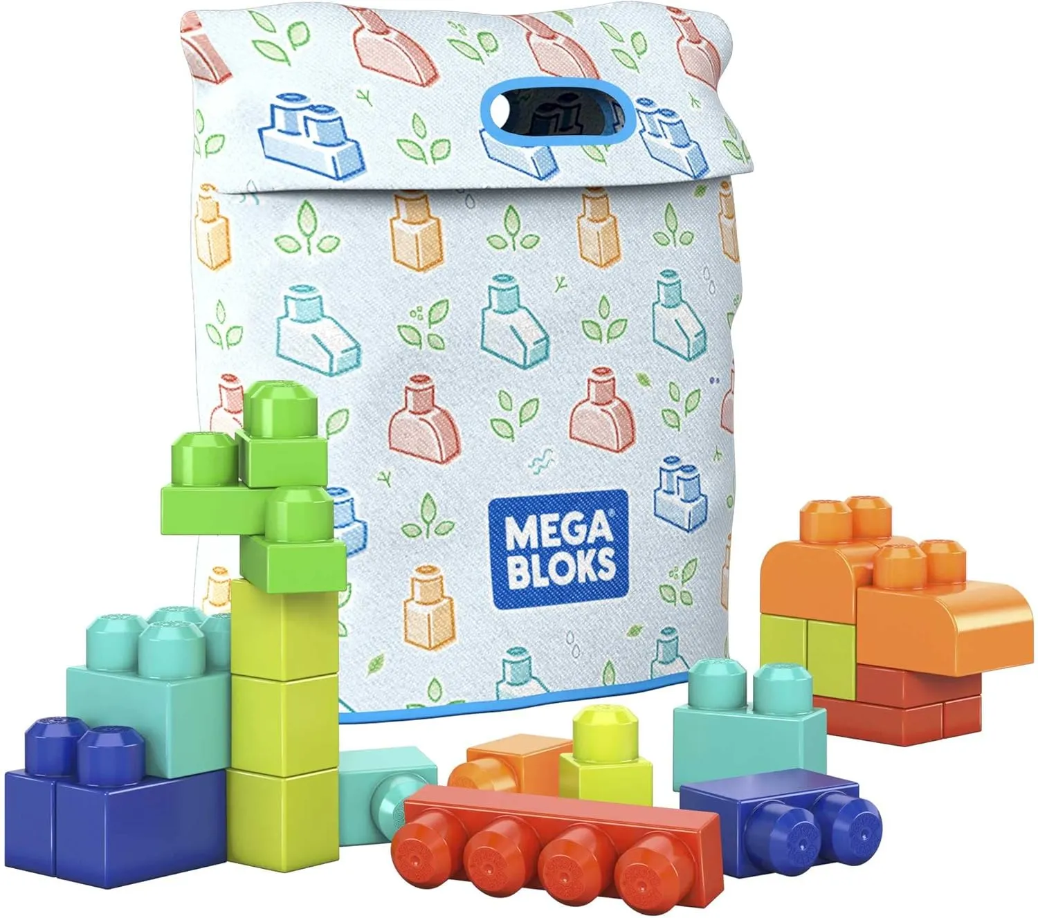 MEGA Bloks Fisher-Price Toddler Blocks Toys Set, Build ‘n Play Bag with 60 Plant-Based Pieces and Storage, Blue, Ages 1  Years