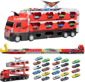 Mega Hauler Truck with Ejection Race Track, 2024 New Big Truck 5Ft Folding Storage Race Track Deformation Catapult Alloy Car, Transporter Truck Toy Set for Kids Gift (24 Cars)