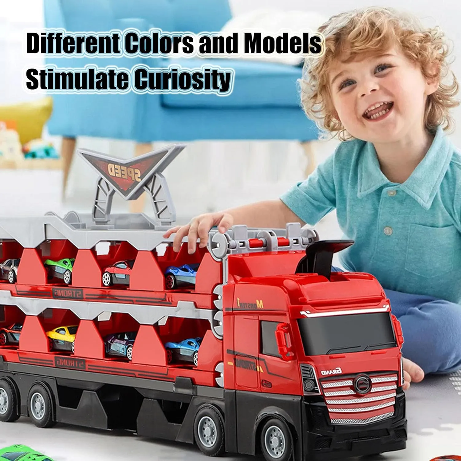 Mega Hauler Truck with Ejection Race Track, 2024 New Big Truck 5Ft Folding Storage Race Track Deformation Catapult Alloy Car, Transporter Truck Toy Set for Kids Gift (24 Cars)