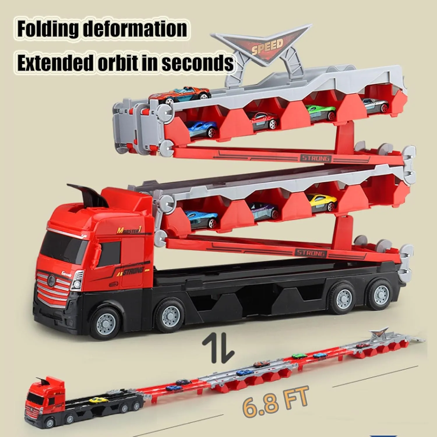 Mega Hauler Truck with Ejection Race Track, 2024 New Big Truck 5Ft Folding Storage Race Track Deformation Catapult Alloy Car, Transporter Truck Toy Set for Kids Gift (24 Cars)