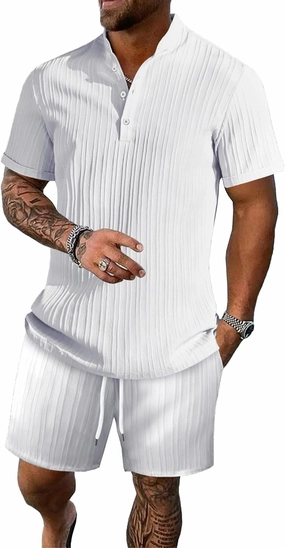 Men's Summer Beach Outfits 2 Piece Vintage Short Sleeve Henley Shirts and Shorts Vacation Texture Sets for Men
