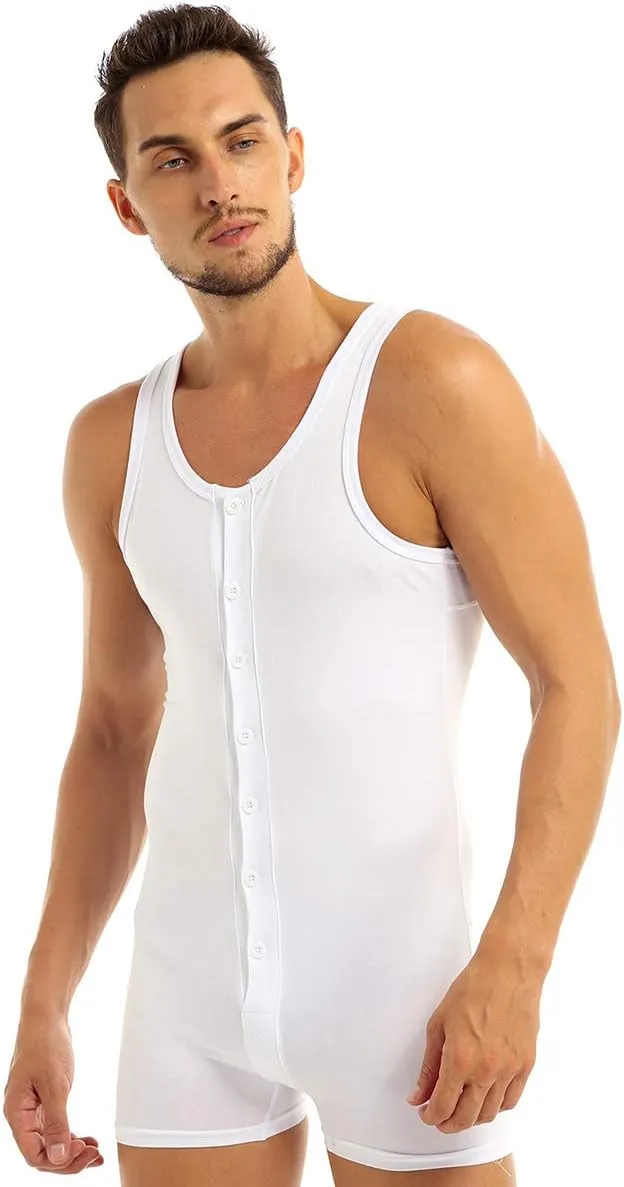 Mens Cotton Sleeveless Front Button One Piece Stretch Teddy Leotard Bodysuits