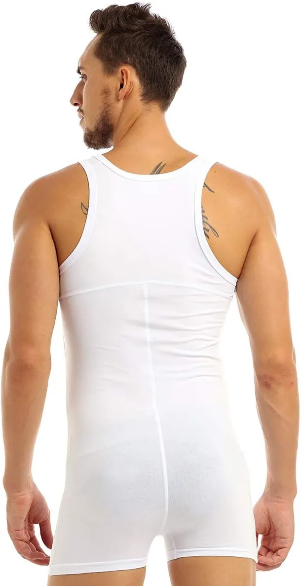 Mens Cotton Sleeveless Front Button One Piece Stretch Teddy Leotard Bodysuits