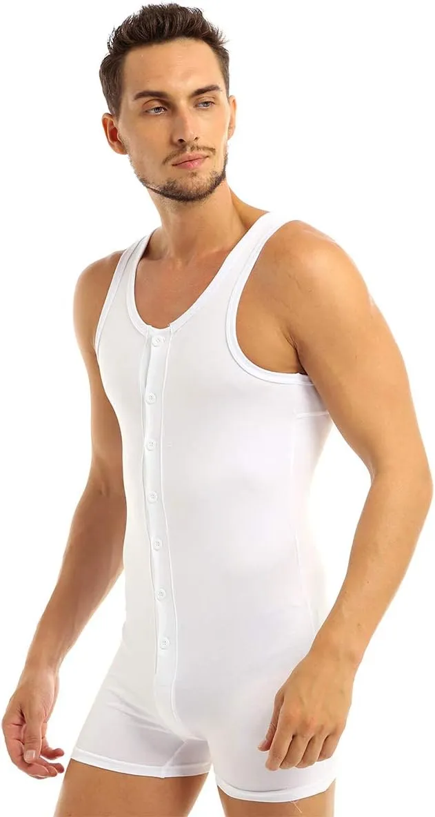Mens Cotton Sleeveless Front Button One Piece Stretch Teddy Leotard Bodysuits
