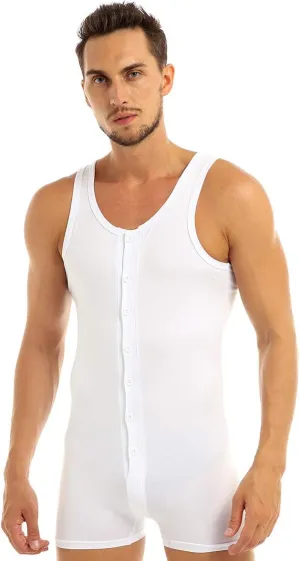Mens Cotton Sleeveless Front Button One Piece Stretch Teddy Leotard Bodysuits