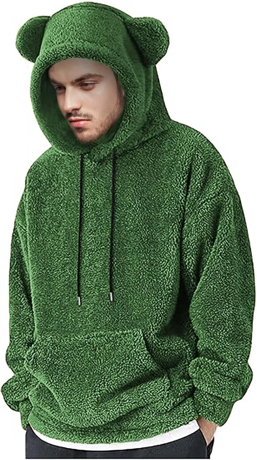 Men's Teddy Bear Ear Hoodies Pullover Oversized Long Sleeve Fuzzy Fleece Hooded Sweatshirts Soft Warm Plush Homewear