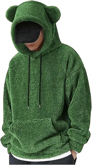 Men's Teddy Bear Ear Hoodies Pullover Oversized Long Sleeve Fuzzy Fleece Hooded Sweatshirts Soft Warm Plush Homewear