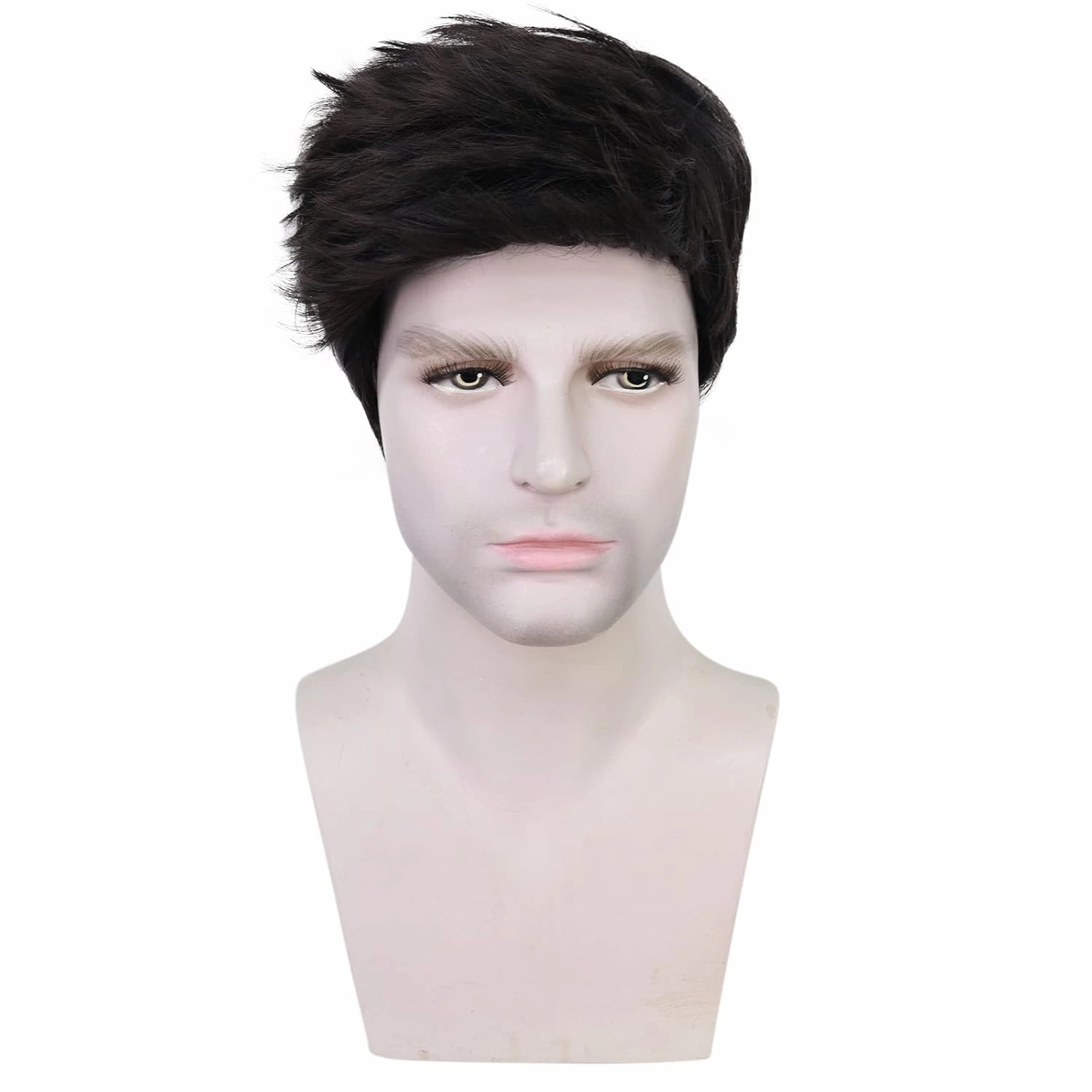Mens Black Wig Short Straight Black Wig Layered Male Heat Resistant Synthetic Hair Replacement
