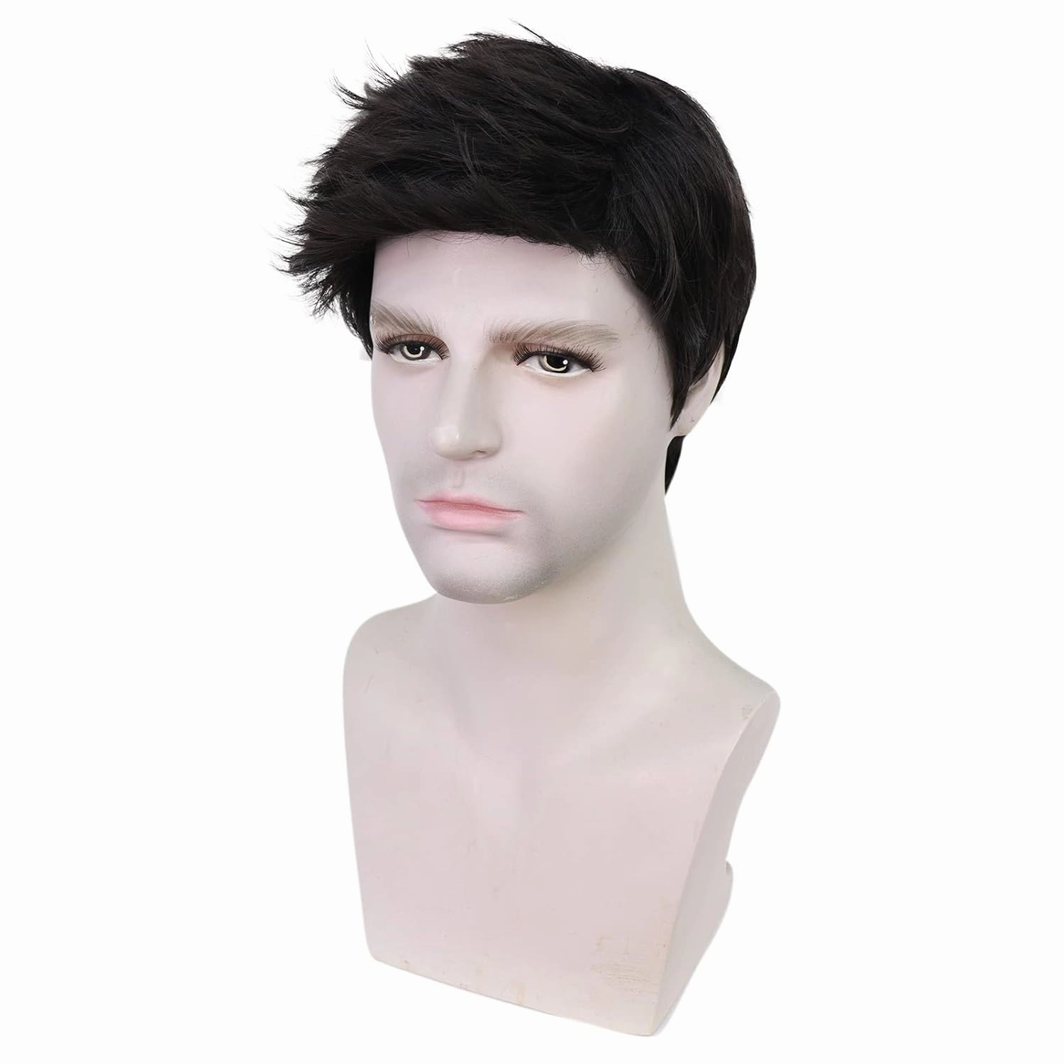Mens Black Wig Short Straight Black Wig Layered Male Heat Resistant Synthetic Hair Replacement