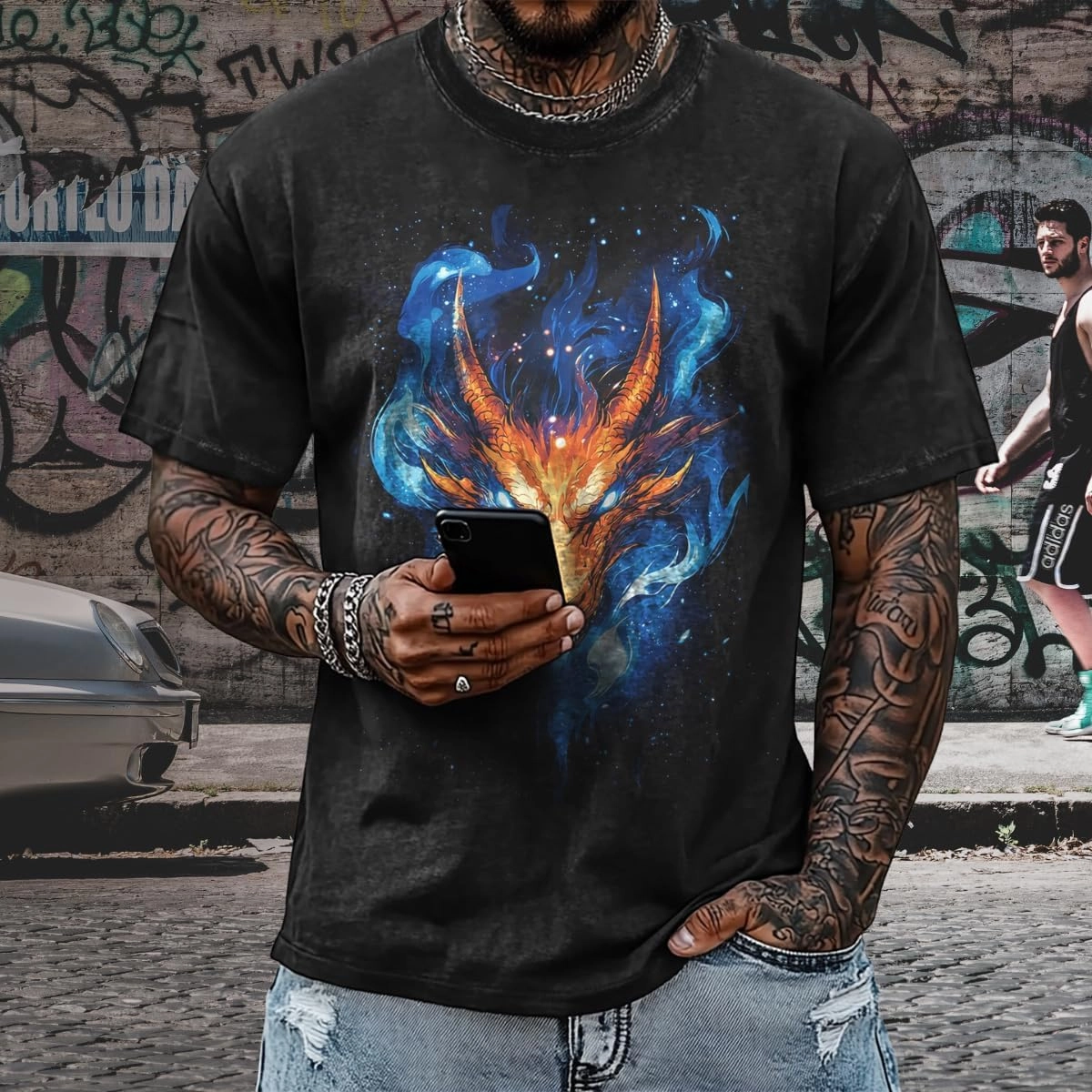 Mens Dragon Grpahic T-Shirts Short Sleeve 100% Cotton Crewneck Big and Tall Outdoor Summer Quick Dry Undershirts