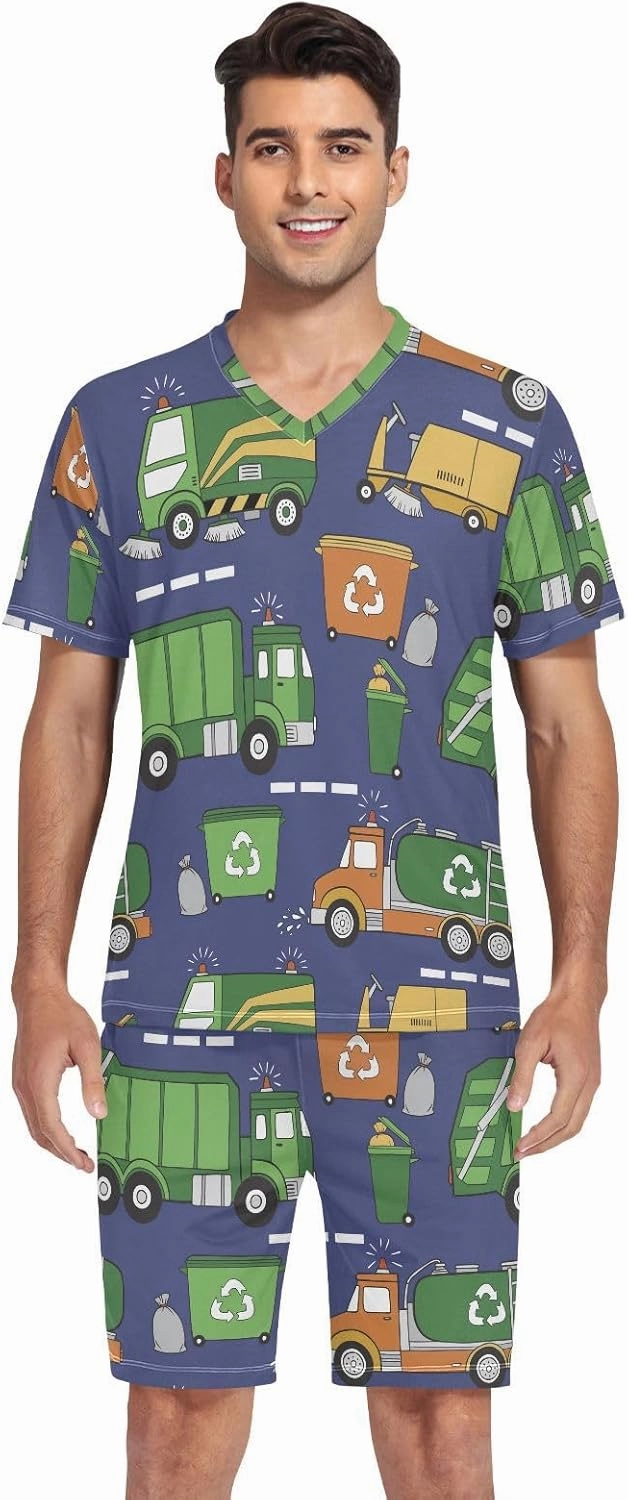 Mens Pajama Set Short Sleeve Hand Drawn Garbage Trucks 2-piece Lounge Sleep Sets Men's Sleepwear S-XXL