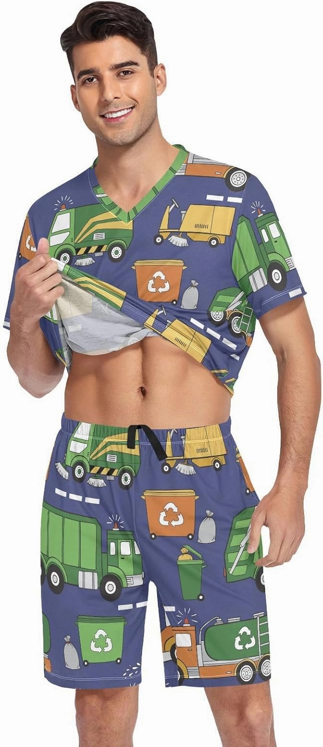 Mens Pajama Set Short Sleeve Hand Drawn Garbage Trucks 2-piece Lounge Sleep Sets Men's Sleepwear S-XXL