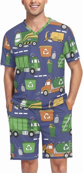 Mens Pajama Set Short Sleeve Hand Drawn Garbage Trucks 2-piece Lounge Sleep Sets Men's Sleepwear S-XXL
