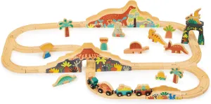 Mentari Toys - Lost World Dinosaur Railway Set - Wooden Train with Magnetic Carriages, Dinosaurs, Volcano & Jungle - Compatible with Major Brands - Encourages Imaginative Play, Storytelling - Age 3 