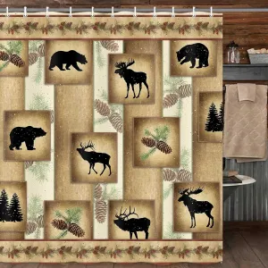 MERCHR Rustic Cabin Shower Curtain Set, Country Bear Deer Moose Forest Vintage Wood Decor Bath Curtain, Farmhouse Lodge Camping Cloth Fabric Shower Curtains Bathroom Accessories, 71x71 Inch