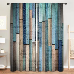 MESHELLY Rustic Barn Door Teal Curtains for Living Room 52W X 84H Inch Rod Pocket Colorful Farmhouse Bedroom Decor Blue Brown Curtains Wooden Western Wood Cabin Country Bedroom Window Drapes 2 Panels