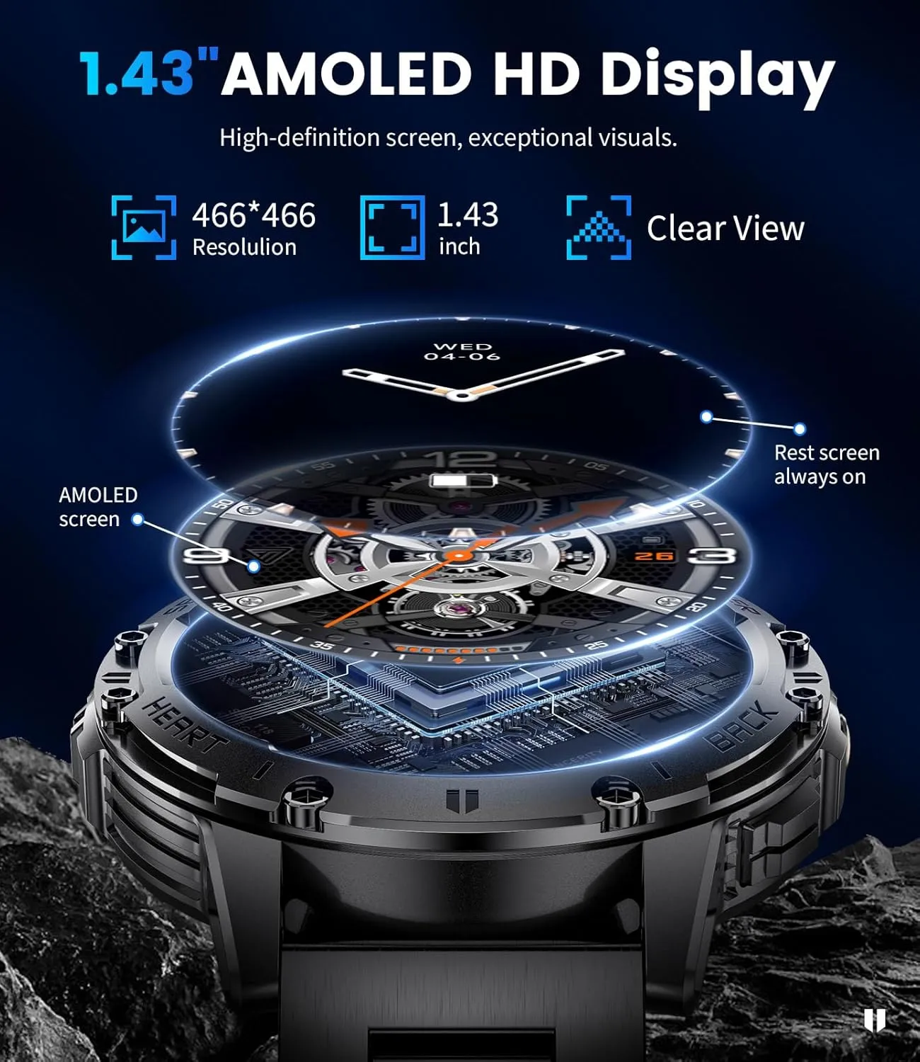 Military Smart Watches for Men(Answer/Make Call) - 3 Straps,1.43" HD AMOLED Upgraded Outdor 530mAh Sports Smartwatch with Flashlight/Heart Rate/Sleep Monitor/IP68, Fitness Tracker for Android iOS