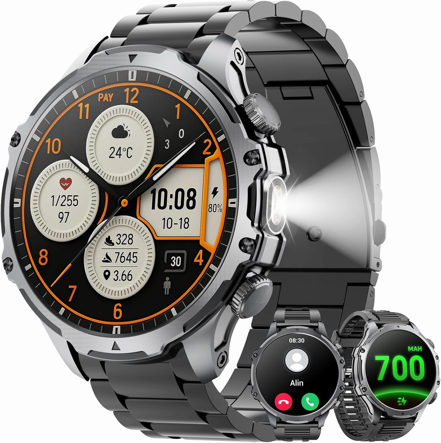 Military Smart Watch for Men (Answer/Make Call), 1,85" HD Touch Screen 700mAh Large Battery Fitness Watch with Flashlight/Heart Rate Fitness Tracker for iPhone & Android Black Steel Strip