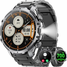 Military Smart Watch for Men (Answer/Make Call), 1,85" HD Touch Screen 700mAh Large Battery Fitness Watch with Flashlight/Heart Rate Fitness Tracker for iPhone & Android Black Steel Strip