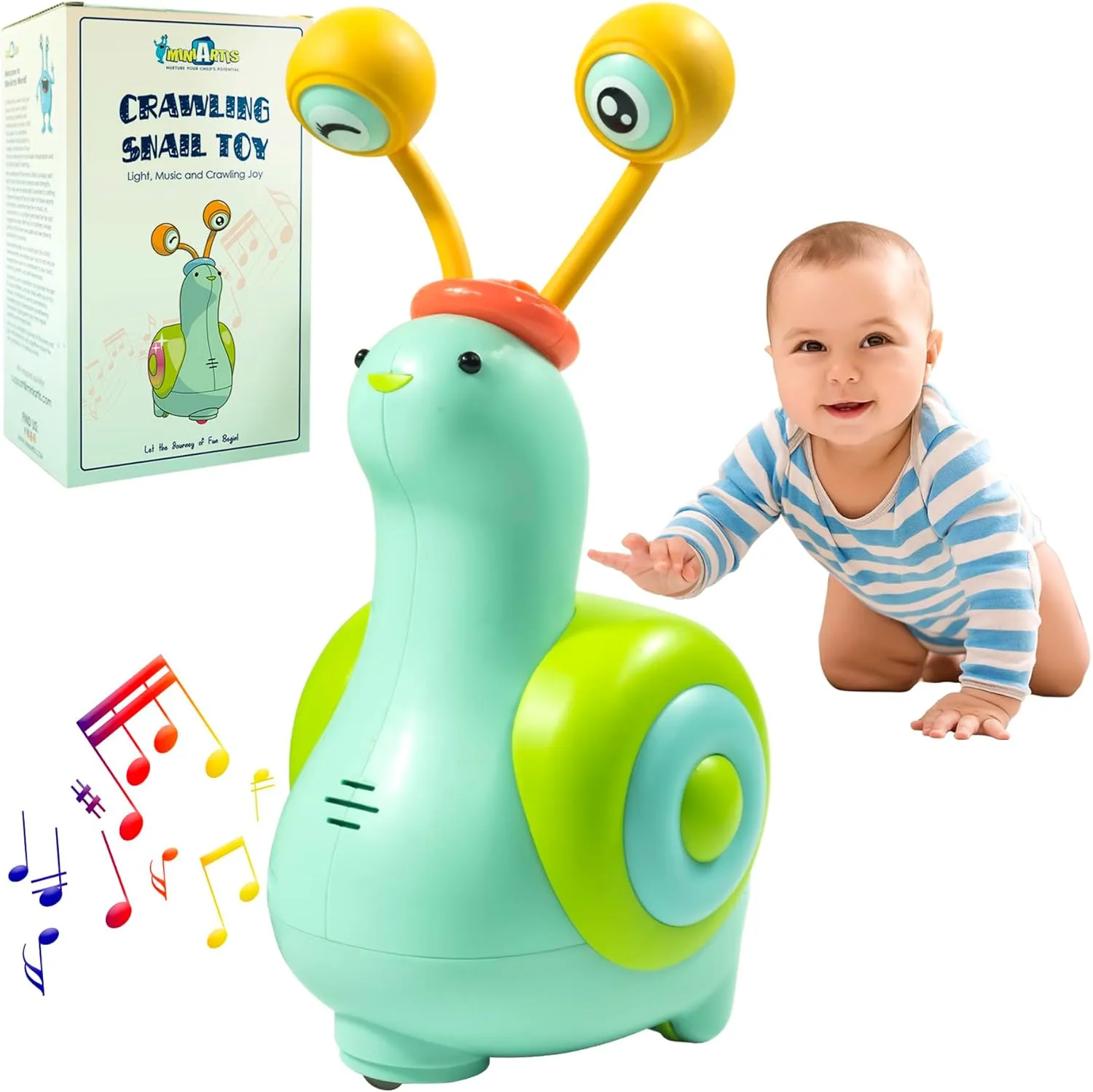 MINIARTIS Baby Crawling Toys | Musical Snail Baby Toy, Infant Tummy Time | Crawling Toys for Babies 6-12 Months | Learning Crawl and Walking | Toddler Birthday Gift for 6-36 Month Boy Girl