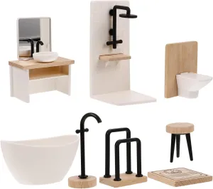 Miniature Dollhouse Bathroom Set, 1:12 Scale, 8-Piece Mini Bathroom Furniture Accessories Sink Bathtub Toilet Vanity Stool Faucet Towel Rack for Decoration