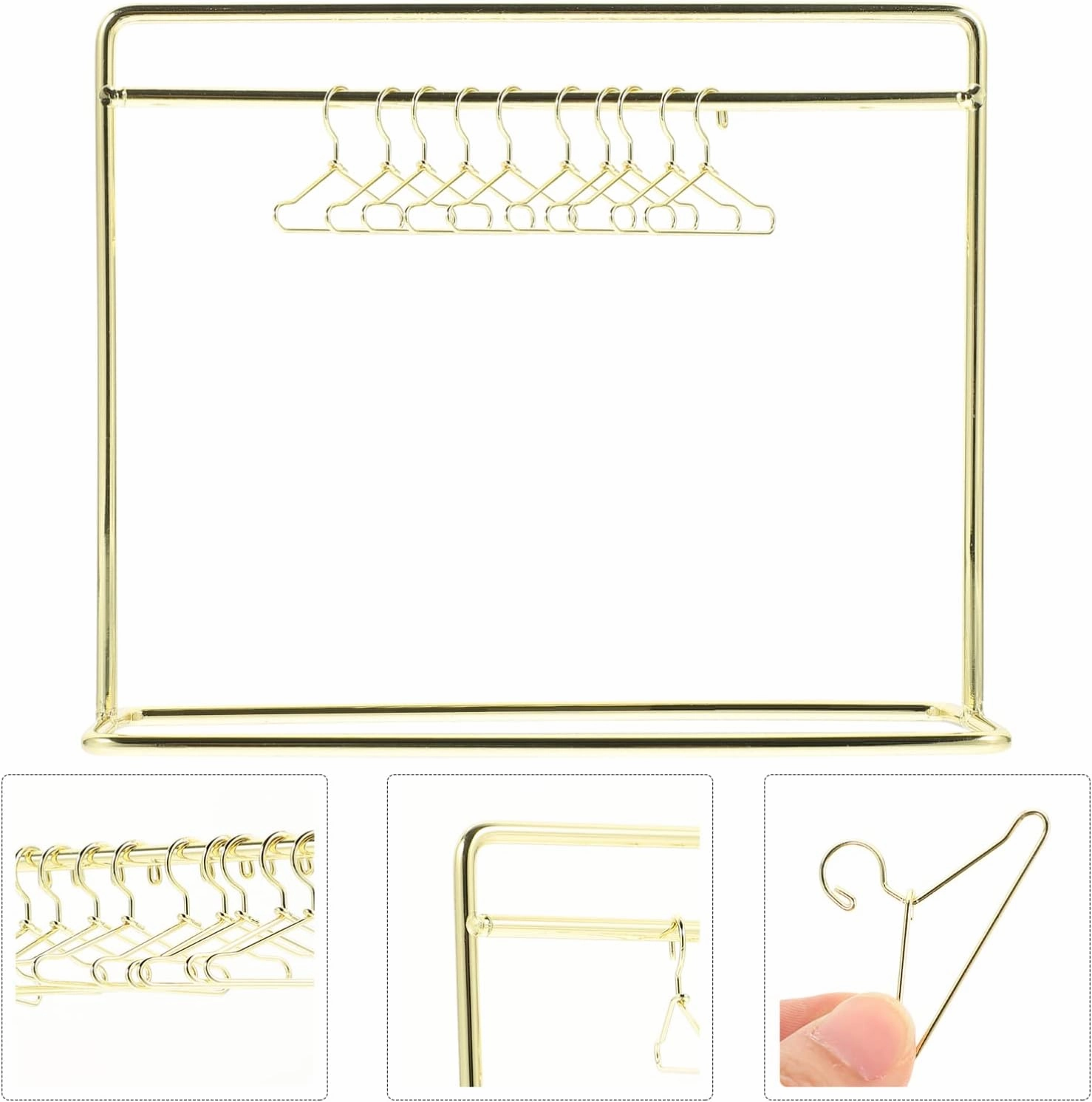 Miniature Doll Clothes Rack with 10 Hangers, Iron Dollhouse Wardrobe Accessories, 5.90 X 4.72 X 2.16 Inches, Golden