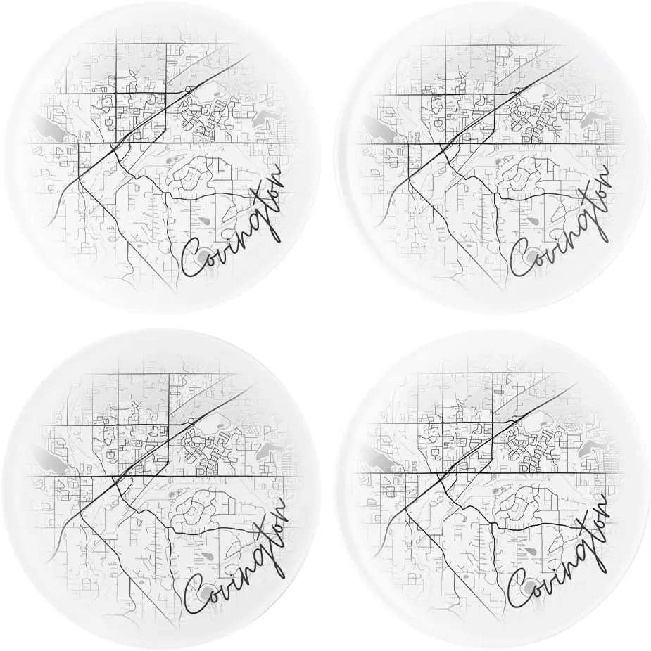 Minimalistic B&W Washington Covington Circle Map, Joyride Home Decor, 4 Glass Coasters, 4-Inch Circle Drink Coasters, Set of 4, Non-Slip Cork Back, Protects Surfaces, Express Your Style.