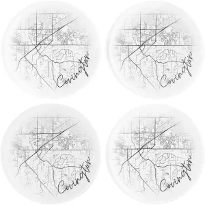 Minimalistic B&W Washington Covington Circle Map, Joyride Home Decor, 4 Glass Coasters, 4-Inch Circle Drink Coasters, Set of 4, Non-Slip Cork Back, Protects Surfaces, Express Your Style.