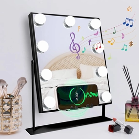 MISAVANITY Vanity Mirror with Lights Hollywood Mirror with Speaker and Wireless Charging,Smart Touch Control 3 Colors Lighting Modes, Detachable 10X Magnification, 360 Degree Rotation, Black