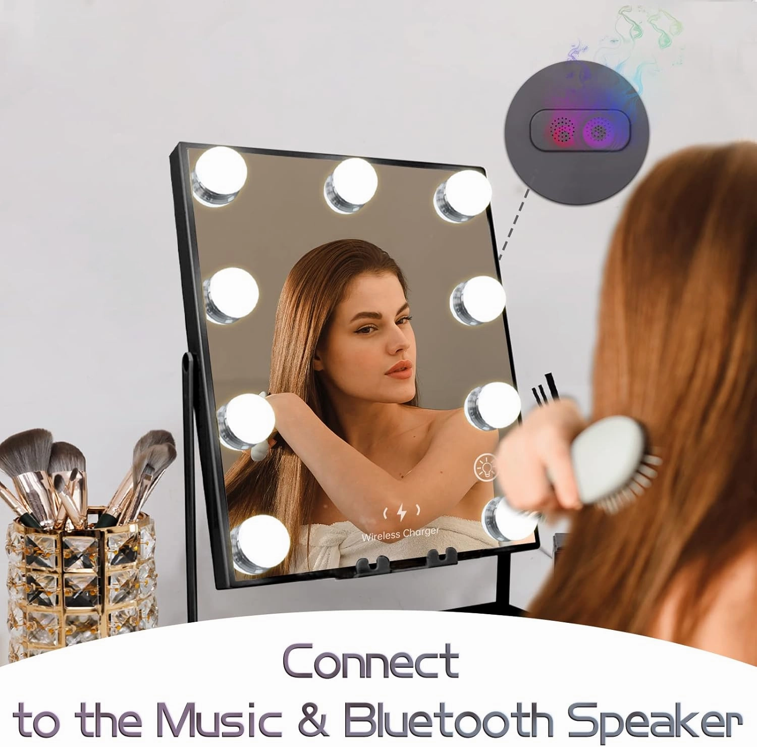MISAVANITY Vanity Mirror with Lights Hollywood Mirror with Speaker and Wireless Charging,Smart Touch Control 3 Colors Lighting Modes, Detachable 10X Magnification, 360 Degree Rotation, Black