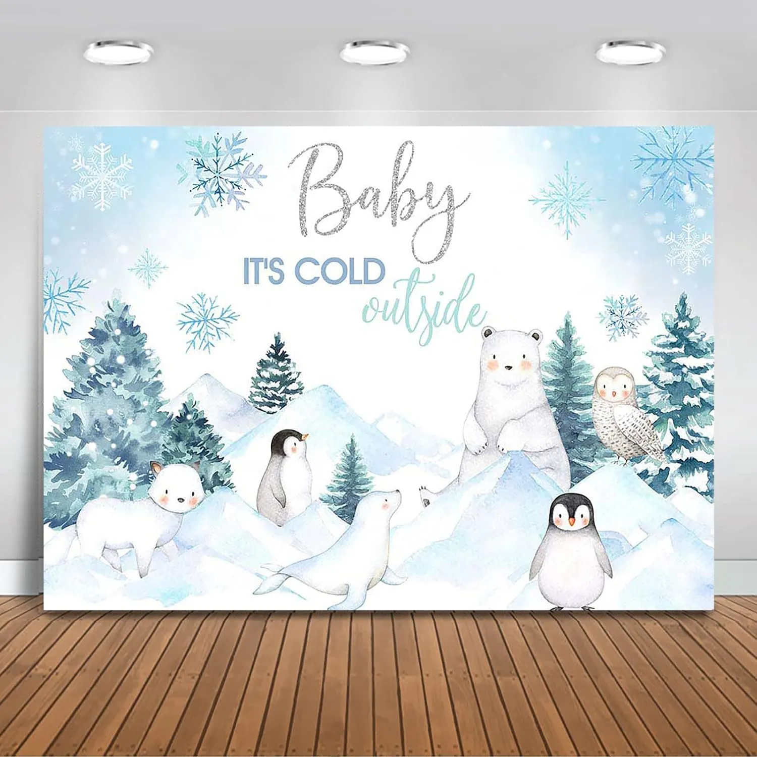 Mocsicka Winter Woodland Baby Shower Backdrop Arctic Animals Baby It's Cold Outside Winter Baby Shower Party Decorations Snowflake Polar Bear Penguin Photography Background (8x6ft)