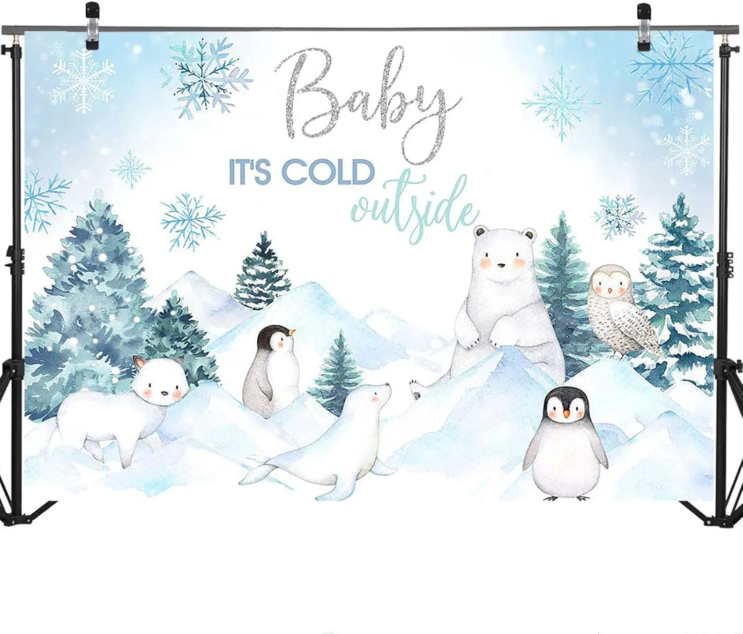 Mocsicka Winter Woodland Baby Shower Backdrop Arctic Animals Baby It's Cold Outside Winter Baby Shower Party Decorations Snowflake Polar Bear Penguin Photography Background (8x6ft)