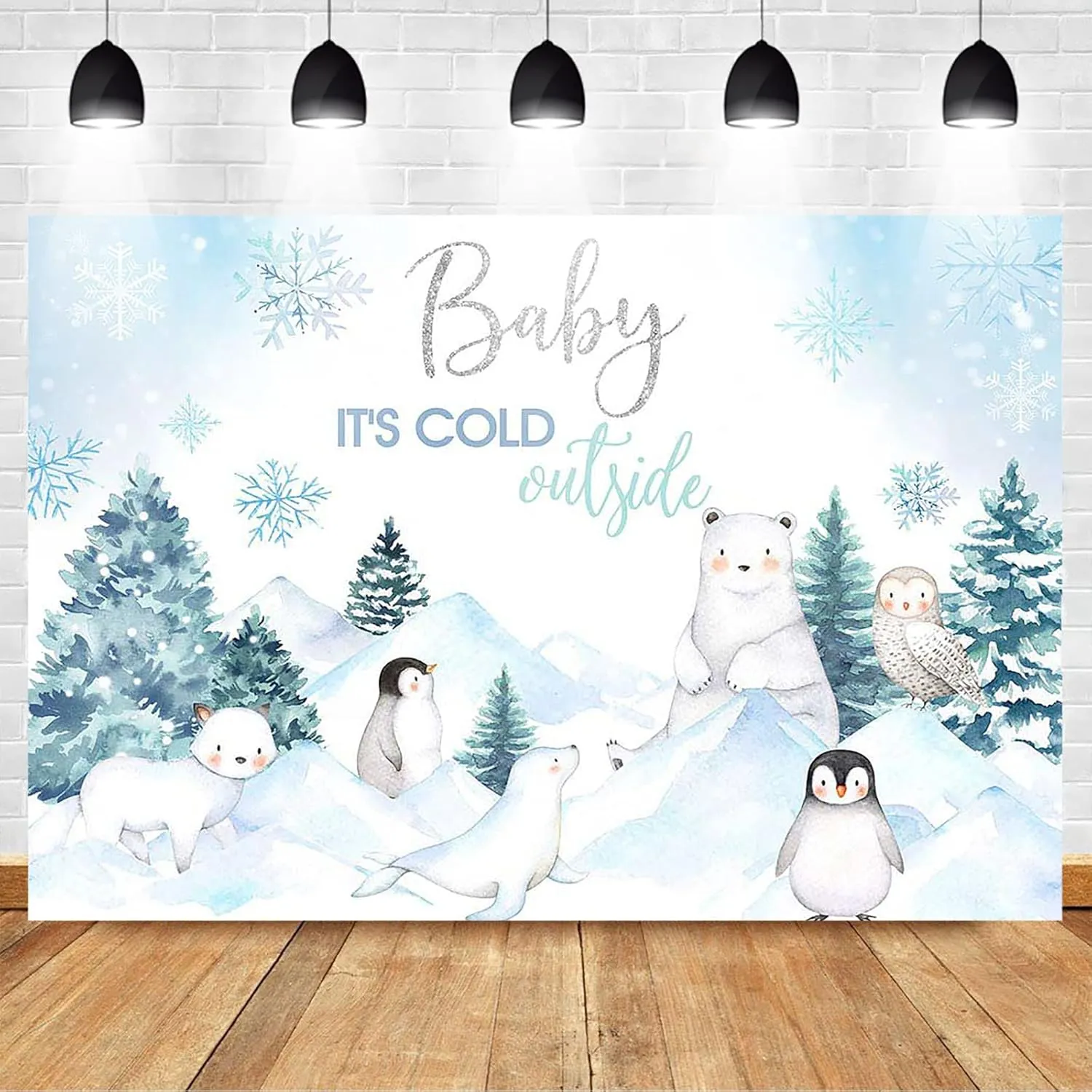 Mocsicka Winter Woodland Baby Shower Backdrop Arctic Animals Baby It's Cold Outside Winter Baby Shower Party Decorations Snowflake Polar Bear Penguin Photography Background (8x6ft)