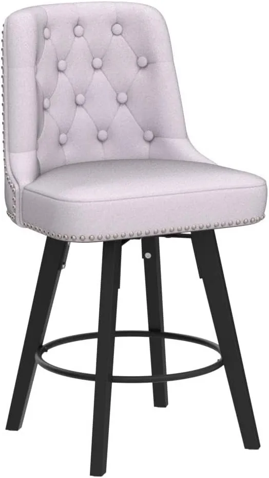 Modern Swivel Bar Stools Set of 2, Upholstered Counter Stools with Tufted High Back and Wood Legs Kitchen Stools Rivet Trim for Home/Restaurant, Light Beige