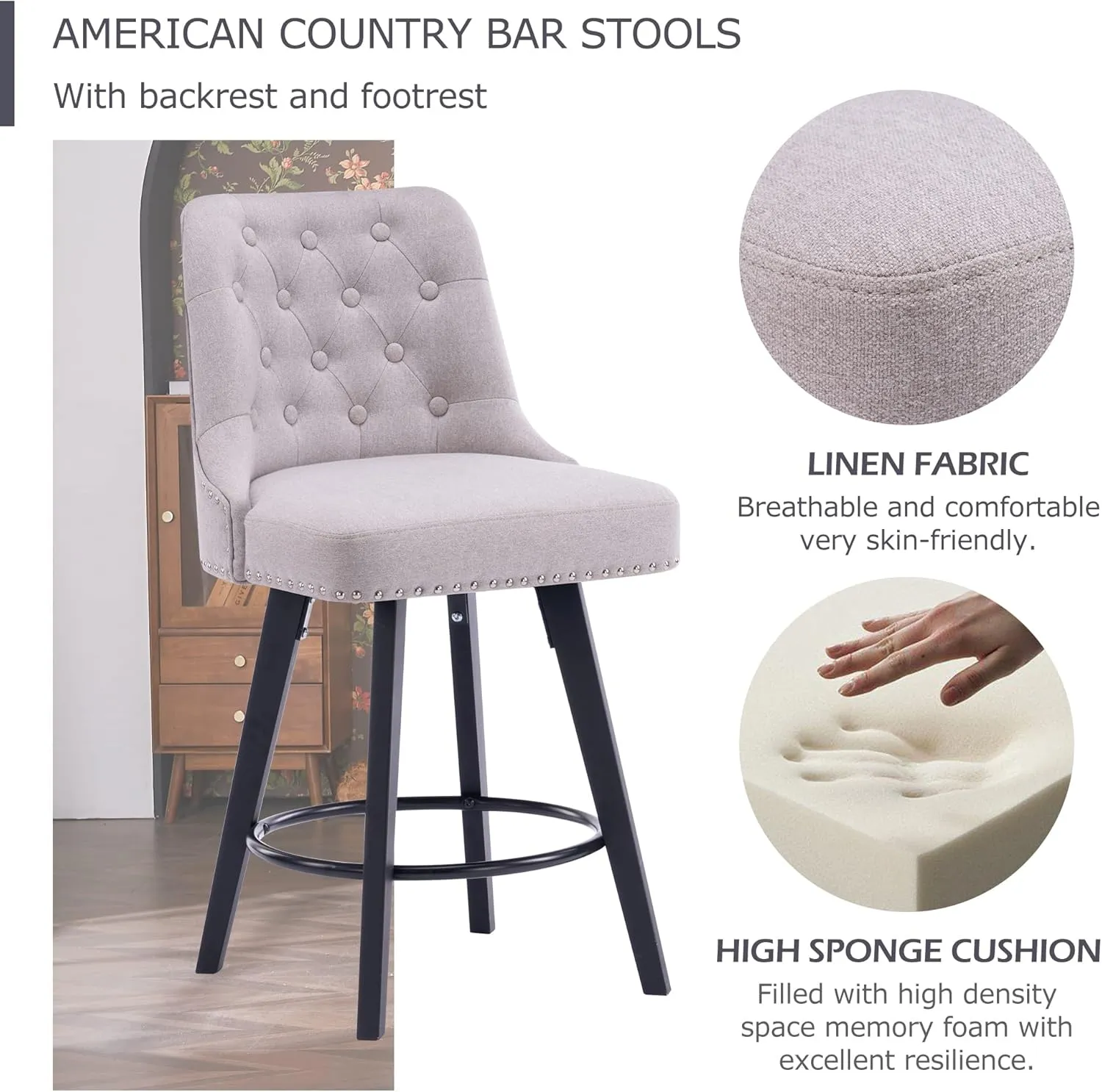 Modern Swivel Bar Stools Set of 2, Upholstered Counter Stools with Tufted High Back and Wood Legs Kitchen Stools Rivet Trim for Home/Restaurant, Light Beige